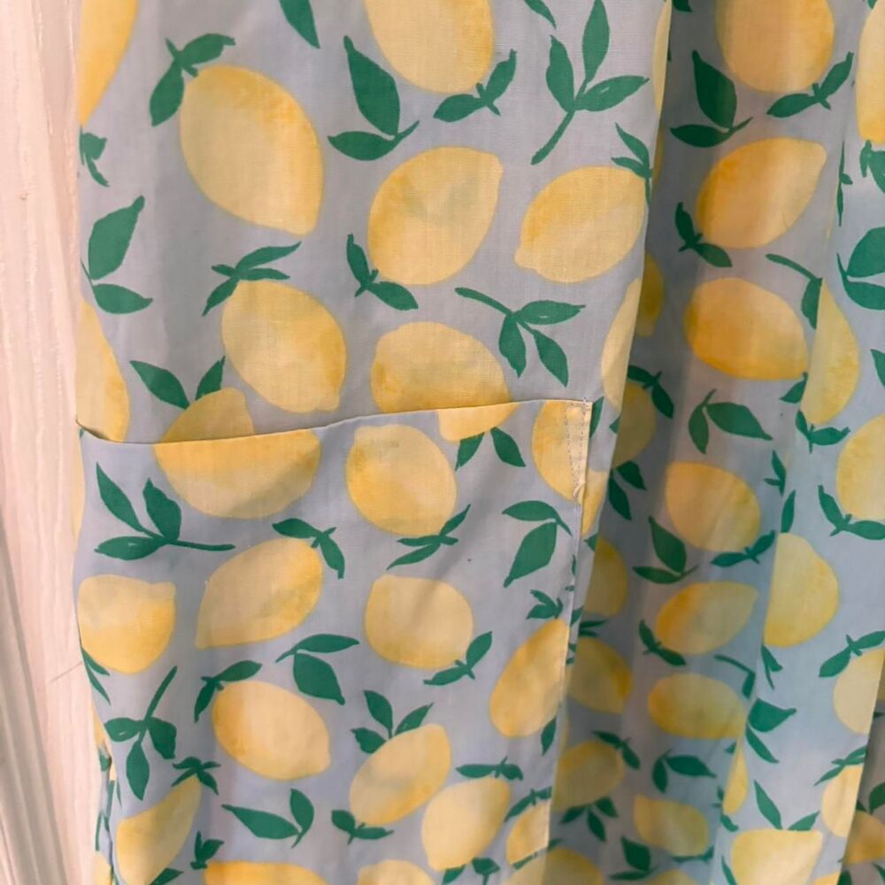 Lemon Print Mini Dress Cottagecore Summer Pocket Dress Blue Yellow Size L - Picture 6 of 8